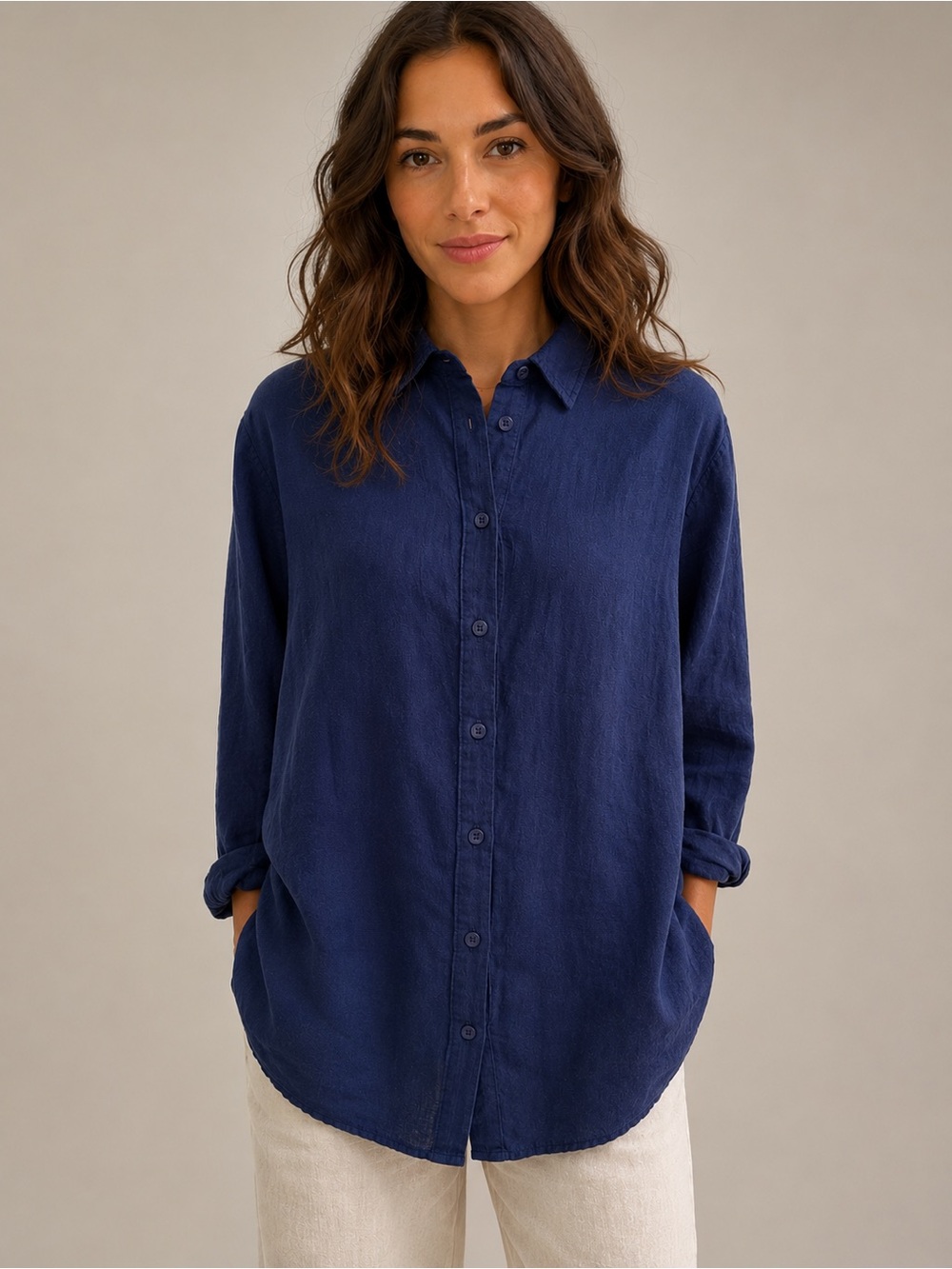 Oversized Navy Linen Blend Button Up Shirt XL Relaxed Fit